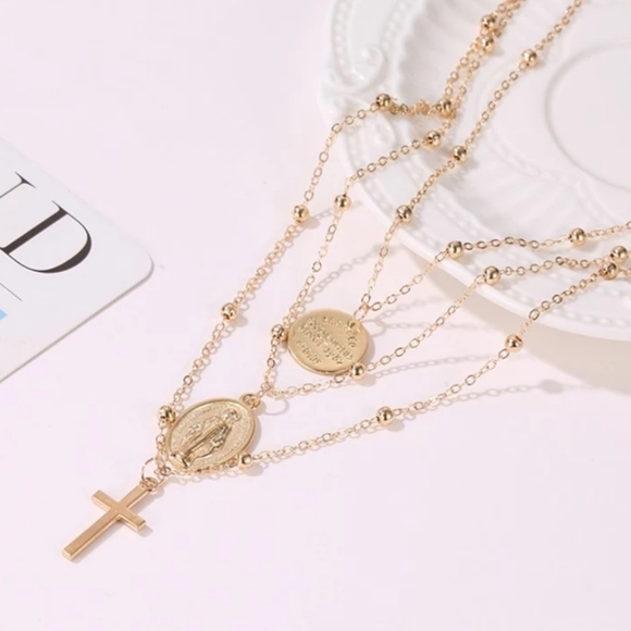 Goldtone Cross Layered Necklace - Picture 6 of 6